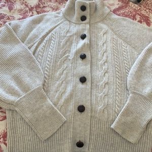 J Crew Balloon Sleeve Cable Knit Cardigan in Heather Oatmeal